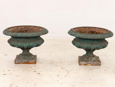 Pair Green Cast iron Urns France Early 20th C 
