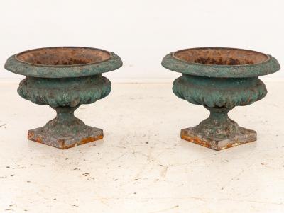 Pair Green Cast iron Urns France Early 20th C 