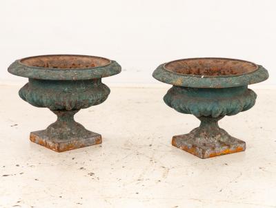 Pair Green Cast iron Urns France Early 20th C 