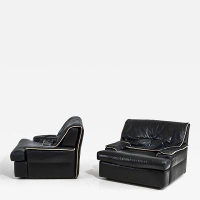 Pair Guido Faleschini Black Leather Lounge Chairs Italy 1970