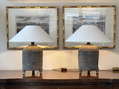 Pair Han Dynasty Period Unglazed Grain Jars Mounted as Table Lamps