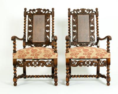 Pair Hand Carved Walnut Cane Back Armchairs Corner Chairs