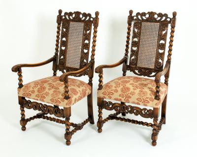 Pair Hand Carved Walnut Cane Back Armchairs Corner Chairs