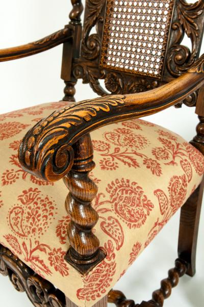 Pair Hand Carved Walnut Cane Back Armchairs Corner Chairs