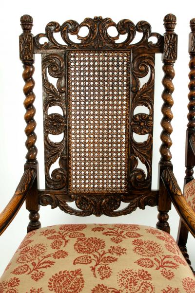 Pair Hand Carved Walnut Cane Back Armchairs Corner Chairs