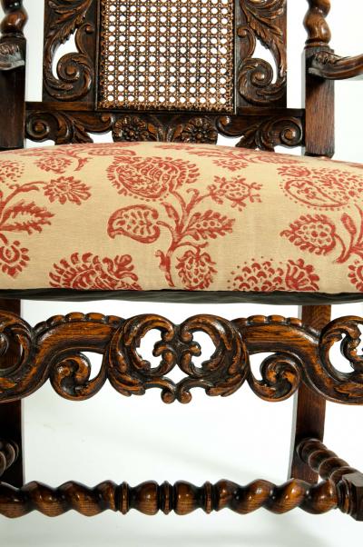 Pair Hand Carved Walnut Cane Back Armchairs Corner Chairs