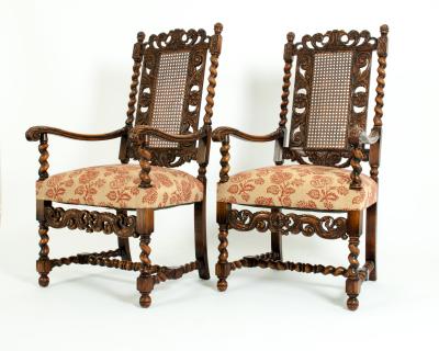 Pair Hand Carved Walnut Cane Back Armchairs Corner Chairs