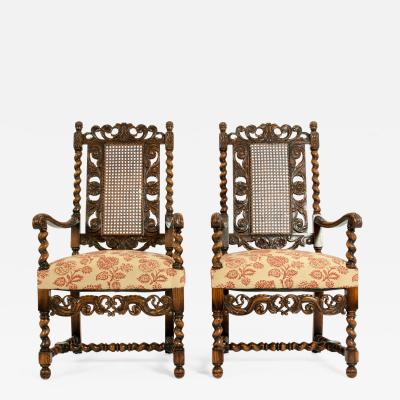 Pair Hand Carved Walnut Cane Back Armchairs Corner Chairs