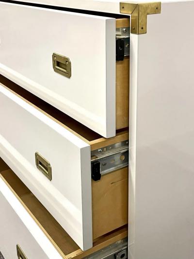 Pair Hollywood Regency Campaign Cabinets Commodes Nightstands White Lacquer