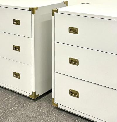Pair Hollywood Regency Campaign Cabinets Commodes Nightstands White Lacquer