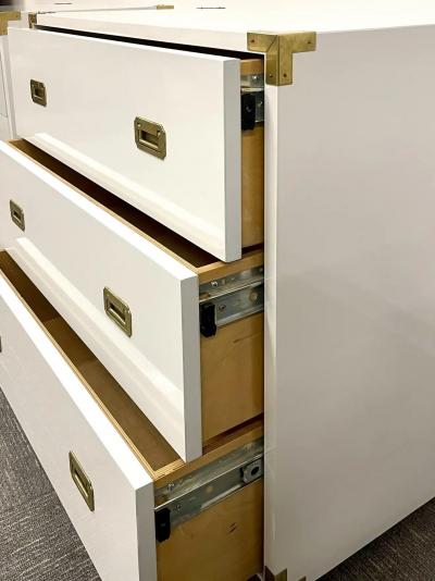 Pair Hollywood Regency Campaign Cabinets Commodes Nightstands White Lacquer