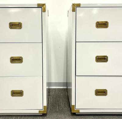 Pair Hollywood Regency Campaign Cabinets Commodes Nightstands White Lacquer