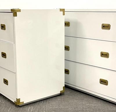 Pair Hollywood Regency Campaign Cabinets Commodes Nightstands White Lacquer