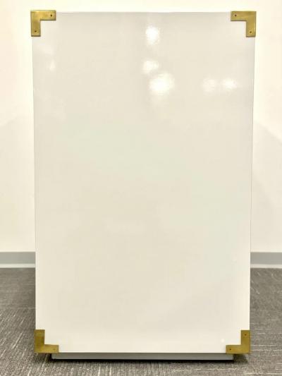 Pair Hollywood Regency Campaign Cabinets Commodes Nightstands White Lacquer