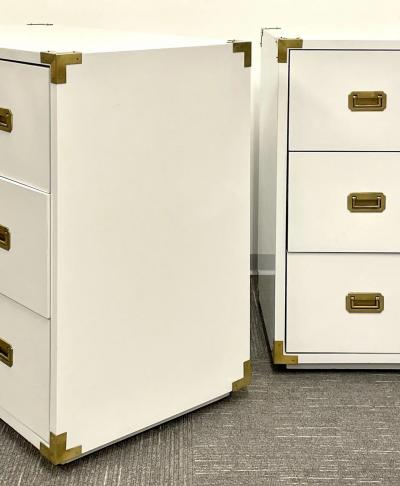 Pair Hollywood Regency Campaign Cabinets Commodes Nightstands White Lacquer