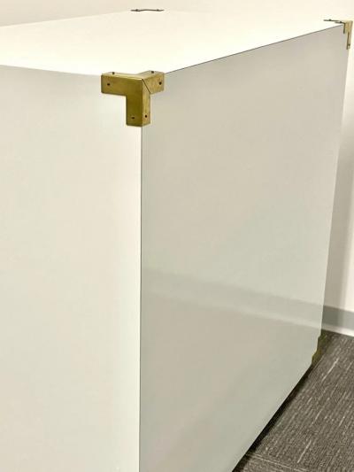 Pair Hollywood Regency Campaign Cabinets Commodes Nightstands White Lacquer