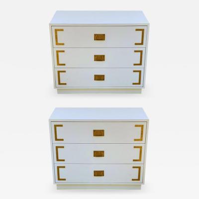 Pair Hollywood Regency Campaign Chests Nightstands or Commodes in White Brass