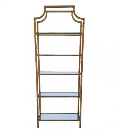 Pair Hollywood Regency Italian Brass Gold Faux Bamboo Shelves or Etageres