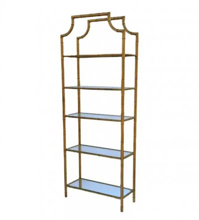 Pair Hollywood Regency Italian Brass Gold Faux Bamboo Shelves or Etageres