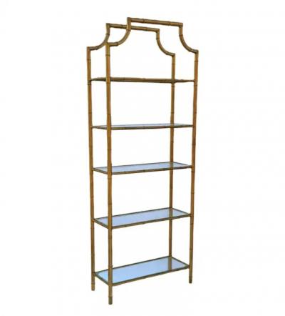 Pair Hollywood Regency Italian Brass Gold Faux Bamboo Shelves or Etageres