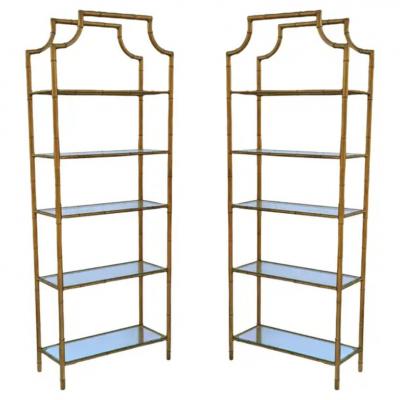 Pair Hollywood Regency Italian Brass Gold Faux Bamboo Shelves or Etageres