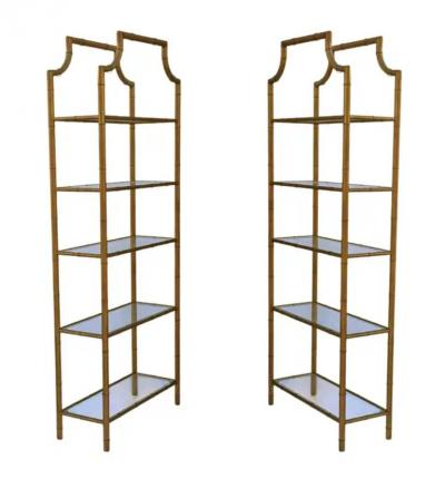 Pair Hollywood Regency Italian Brass Gold Faux Bamboo Shelves or Etageres
