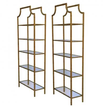 Pair Hollywood Regency Italian Brass Gold Faux Bamboo Shelves or Etageres