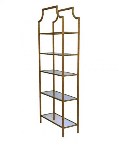 Pair Hollywood Regency Italian Brass Gold Faux Bamboo Shelves or Etageres