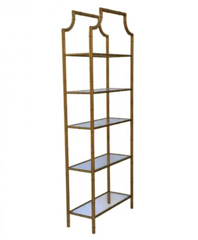 Pair Hollywood Regency Italian Brass Gold Faux Bamboo Shelves or Etageres
