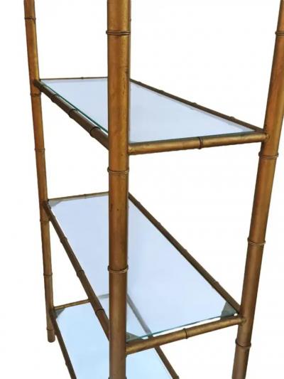 Pair Hollywood Regency Italian Brass Gold Faux Bamboo Shelves or Etageres
