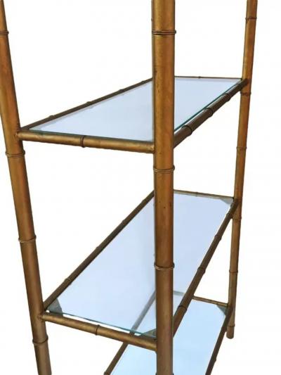 Pair Hollywood Regency Italian Brass Gold Faux Bamboo Shelves or Etageres