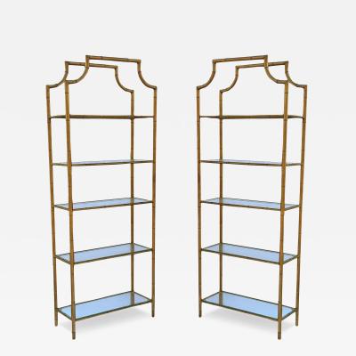 Pair Hollywood Regency Italian Brass Gold Faux Bamboo Shelves or Etageres