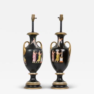 Pair Important English Victorian Ceramic Urns adapted as Lamps by Samuel Alcott