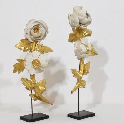 Pair Italian 18 19th Century Hand Carved Giltwood Floral Ornaments