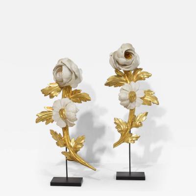 Pair Italian 18 19th Century Hand Carved Giltwood Floral Ornaments