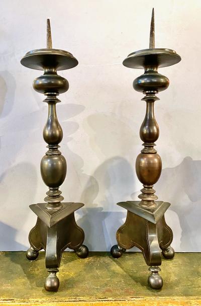 Pair Italian Late 17th Century Bronze Pricket Candlesticks