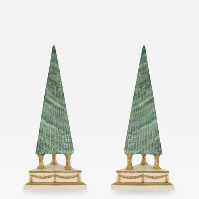 Pair Italian Neo Classic Faux Malachite Obelisks 1