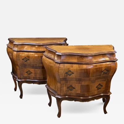 Pair Italian Rococo Style Bombe form Two Drawer Olivewood Chests Nightstands