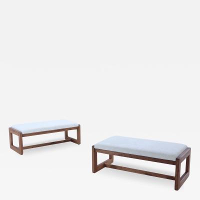 Pair Italian contemporary oak benches done in a boucle white fabric
