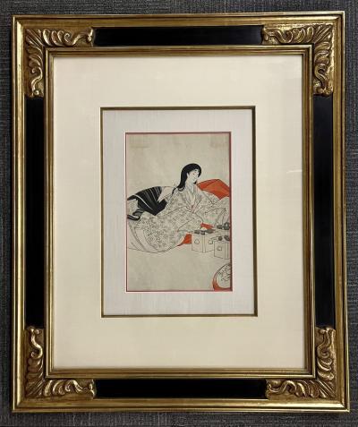 Pair Japanese Woodblock Matted Custom Ebony Frames 