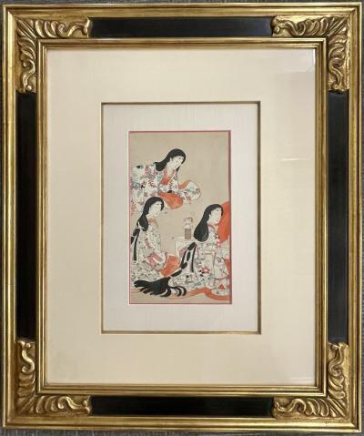 Pair Japanese Woodblock Matted Custom Ebony Frames 