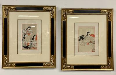 Pair Japanese Woodblock Matted Custom Ebony Frames 