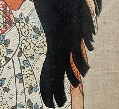 Pair Japanese Woodblock Matted Custom Ebony Frames 