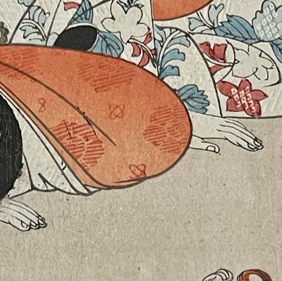 Pair Japanese Woodblock Matted Custom Ebony Frames 