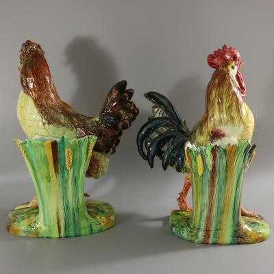 Pair Jerome Massier Hen Cockerel Figural Vases by P Perret