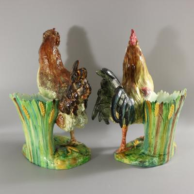 Pair Jerome Massier Hen Cockerel Figural Vases by P Perret