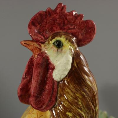 Pair Jerome Massier Hen Cockerel Figural Vases by P Perret