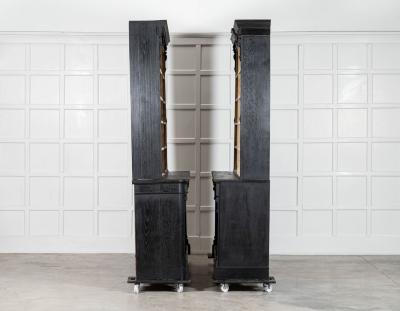 Pair Large 19thC English Ebonised Bleached Carved Oak Bookcases