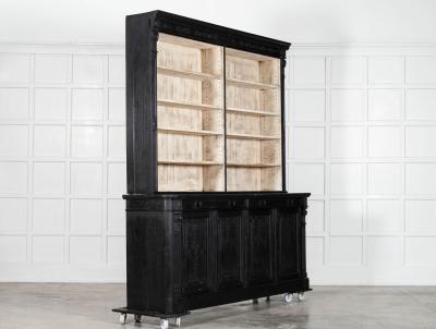 Pair Large 19thC English Ebonised Bleached Carved Oak Bookcases