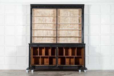 Pair Large 19thC English Ebonised Bleached Carved Oak Bookcases